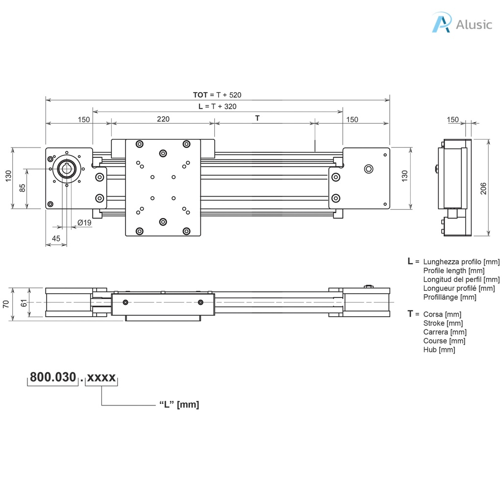 Alusic linear actuator 800.030, ø12 rollers, 45x90 profile