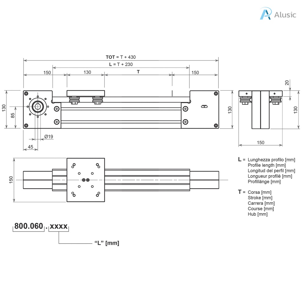 Alusic linear actuator 800.060, ø12 rollers, 45x90 profile