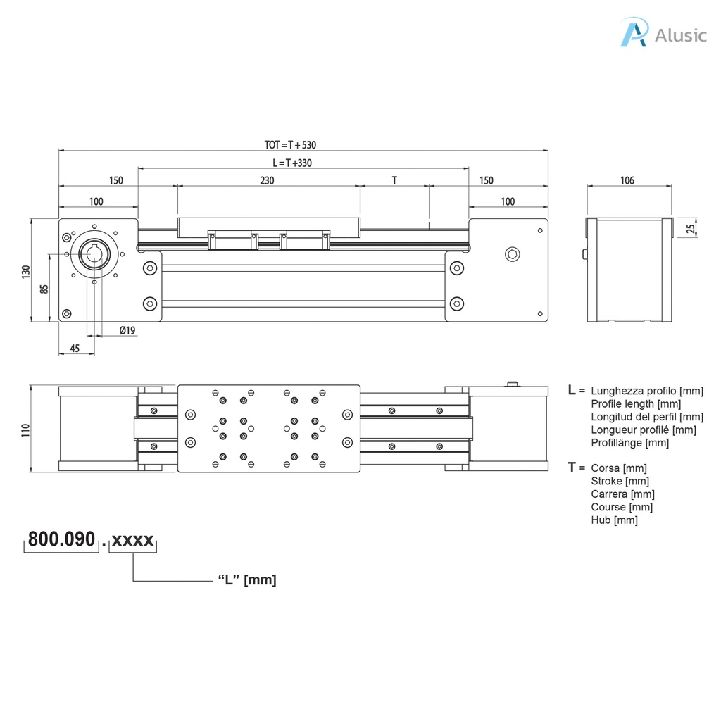 Alusic linear actuator 800.100, ball bearing guides size 15, 90x180 profile