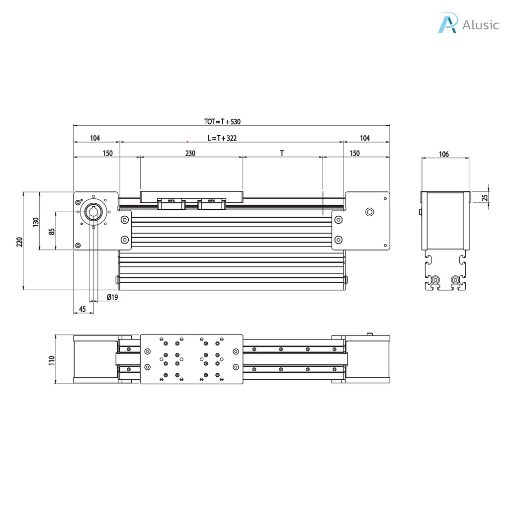 Alusic linear actuator 800.101, ball bearing guides size 15, 90x180 profile