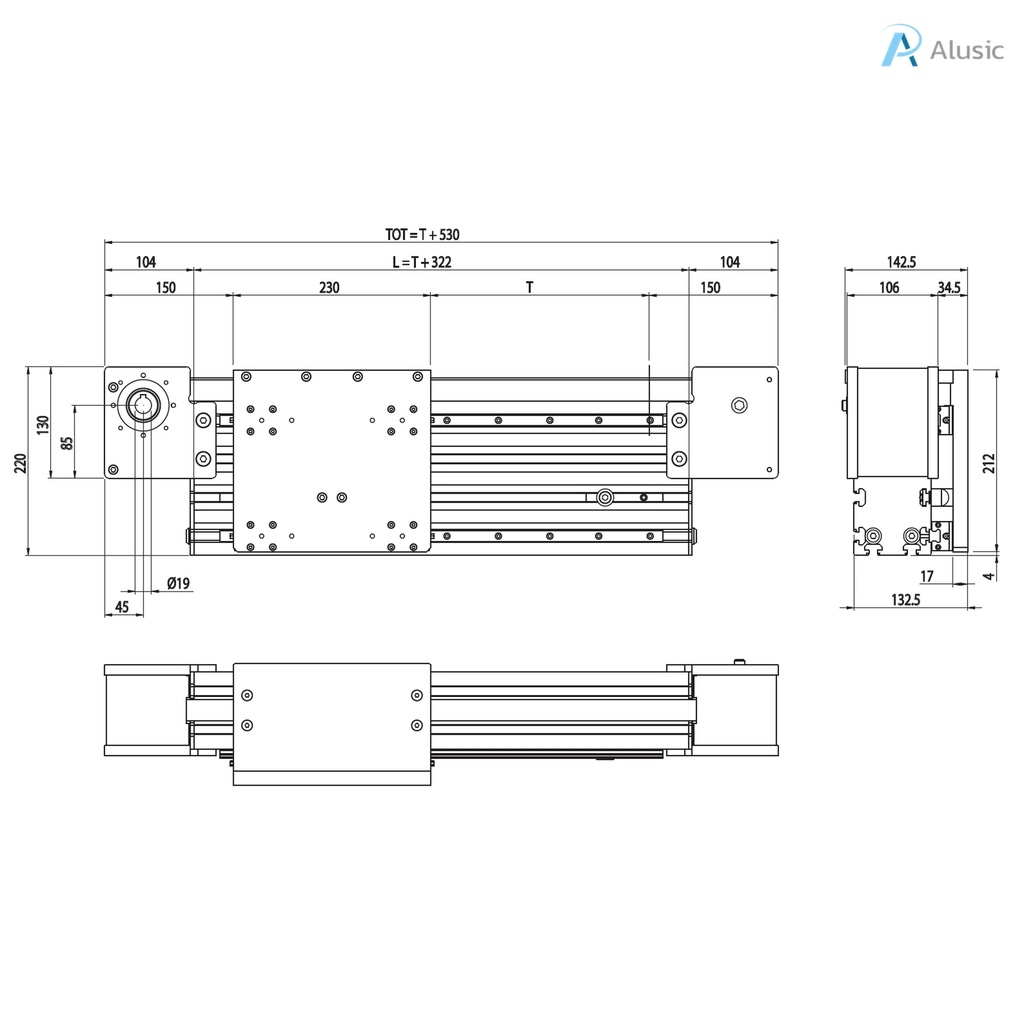 Alusic linear actuator 800.102, ball bearing guides size 15, 90x180 profile