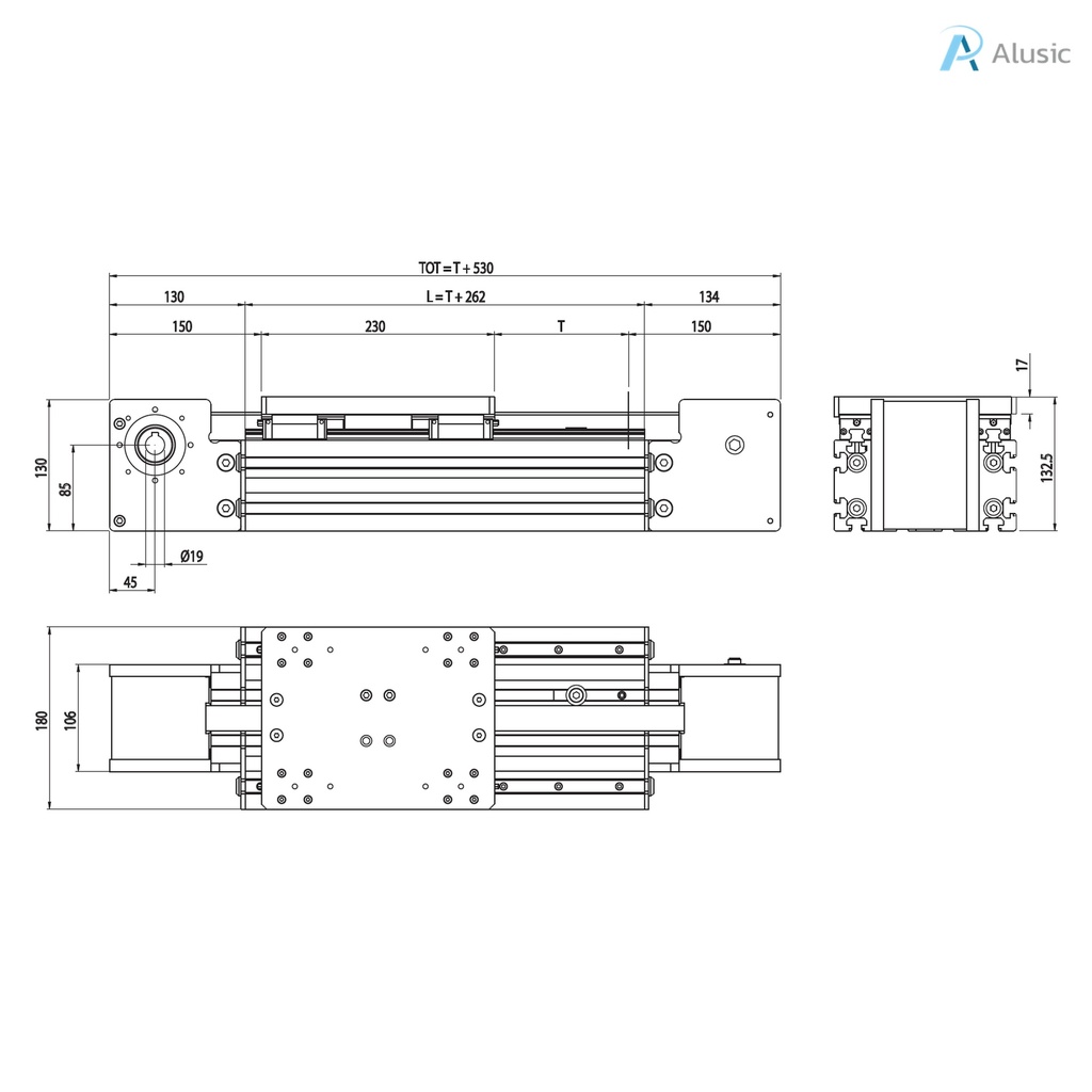Alusic manual positioner 800.070, screw transmission, ø6 rollers, 55x55 profile