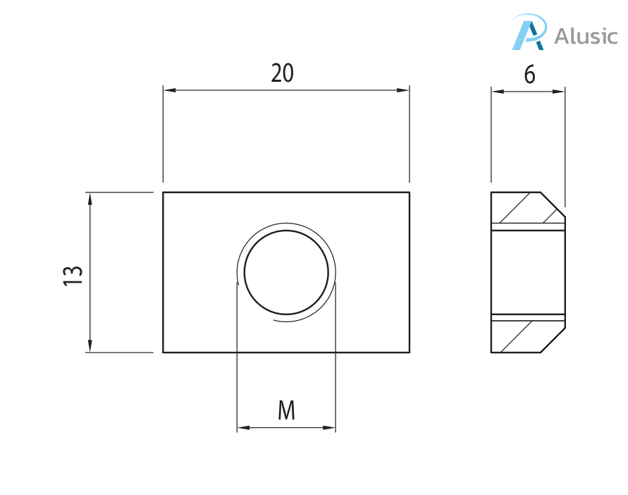 Alusic Rectangular nut 13x25 mm
