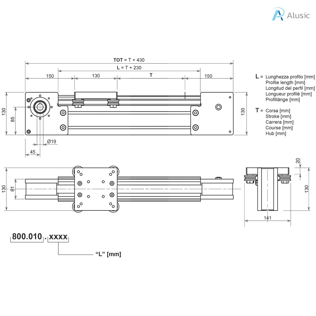 Alusic linear actuator 800.010, ø12 rollers, 45x90 profile