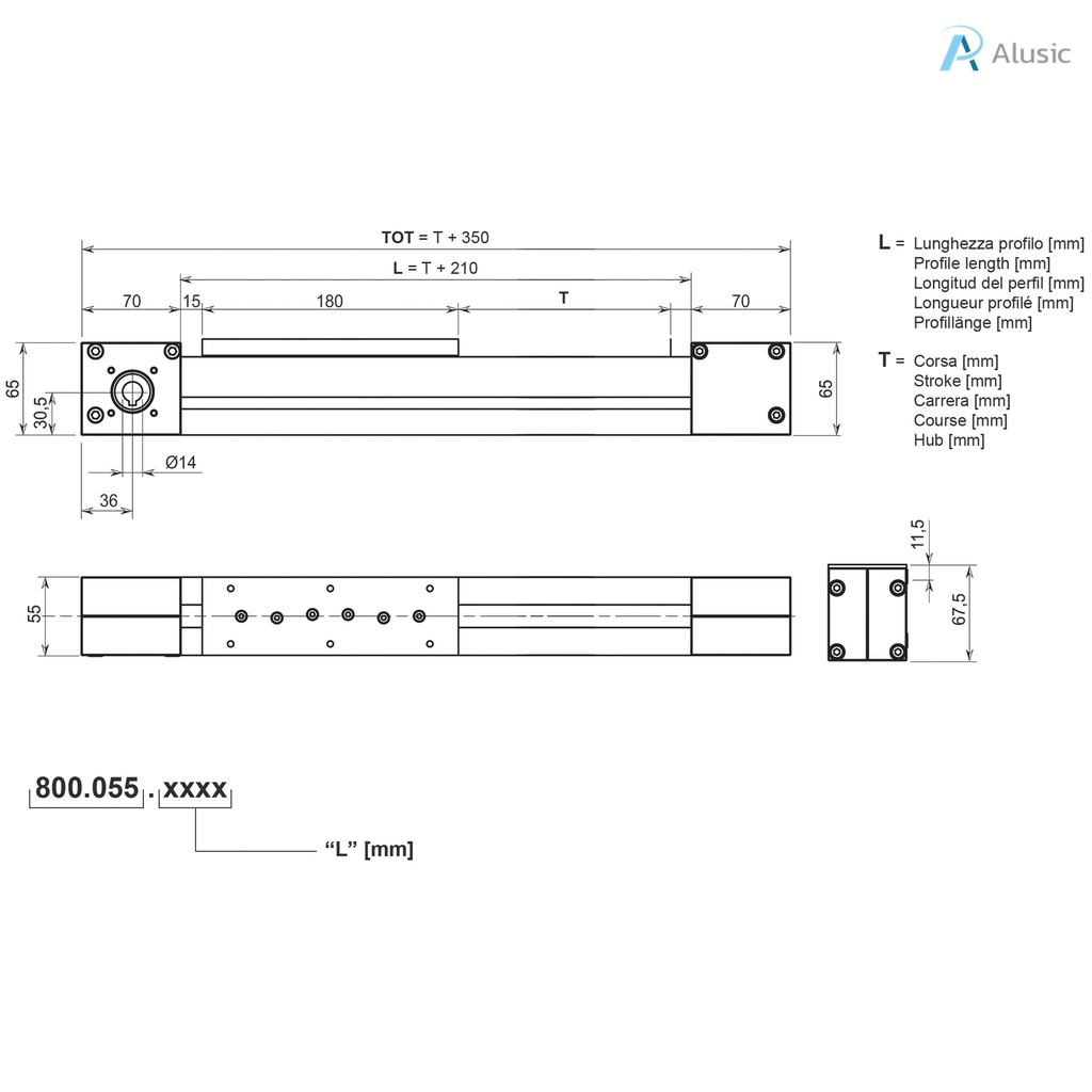 Alusic linear actuator 800.055, ø6 rollers, 55x55 profile