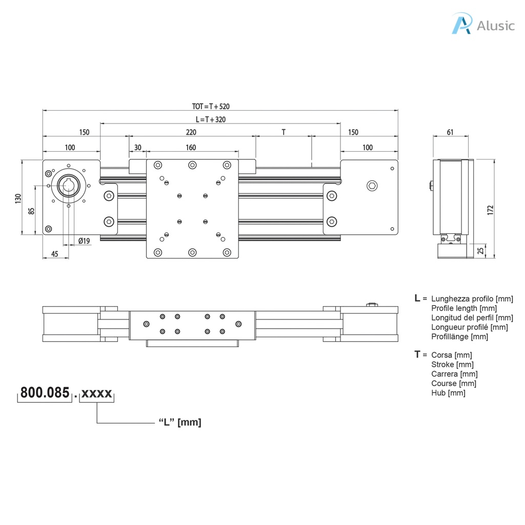 Alusic linear actuator 800.085, ball bearing guides size 15, 45x90 profile.