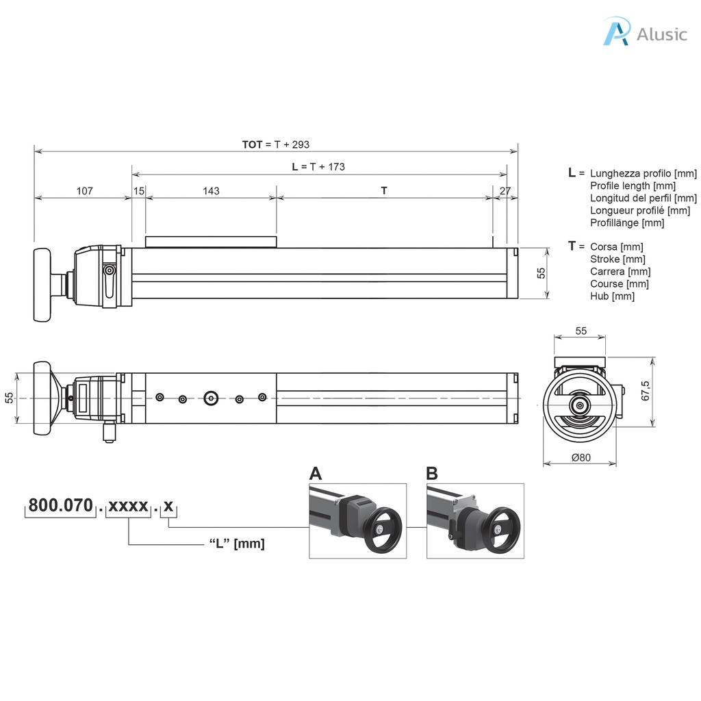 Alusic manual positioner 800.070, screw transmission, ø6 rollers, 55x55 profile