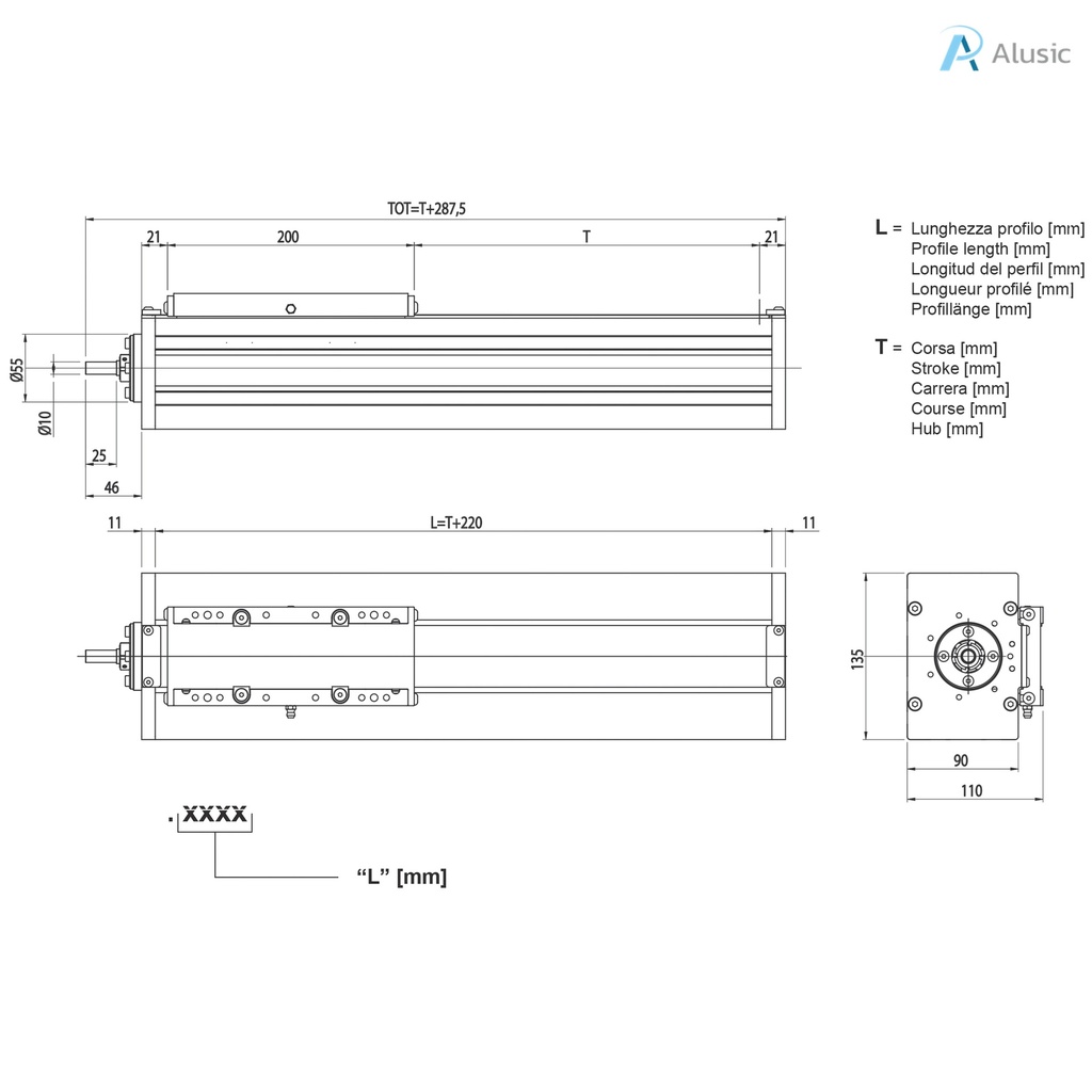 Alusic linear actuator 811.THHS, screw transmission, ball bearing guides size 15, 90x195 profile