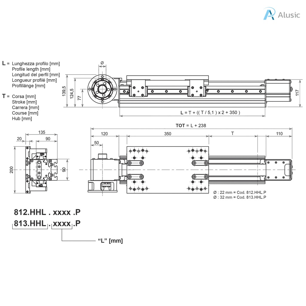 Alusic linear actuator 812.HHL.P/813.HHL.P, self-aligning toothed belt ball, bearing drive size 20, 90x90 profile 10 grove shaft