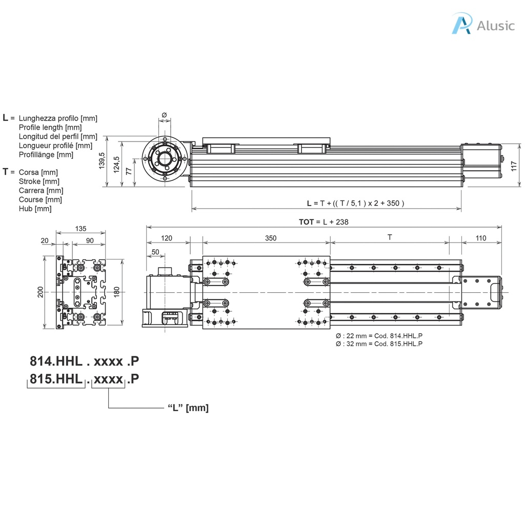 Alusic linear actuator 814.HHL.P/815.HHL.P, self-aligning toothed belt, ball bearing drive size 20, 90x180 profile, 10 grove shaft