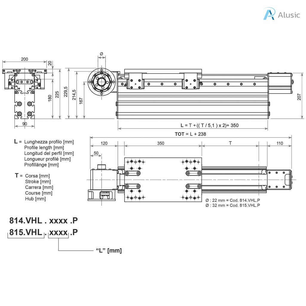 Alusic linear actuator 814.VHL.P/815.VHL.P, self-aligning toothed belt, ball bearing drive size 20, 90x180 profile 10 grove shaft