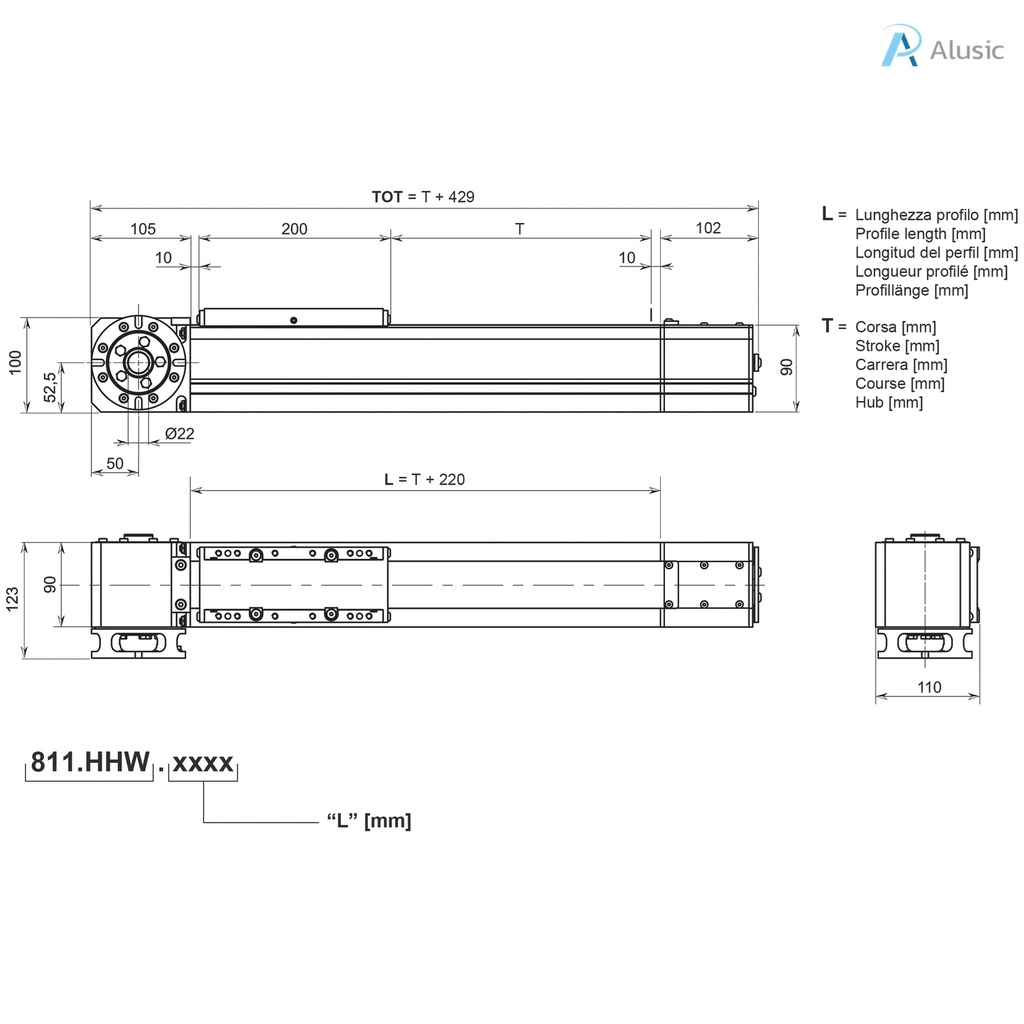 Alusic self-aligning linear actuator 811.HHW, ø10 rollers, The axis has a 90x90 profile