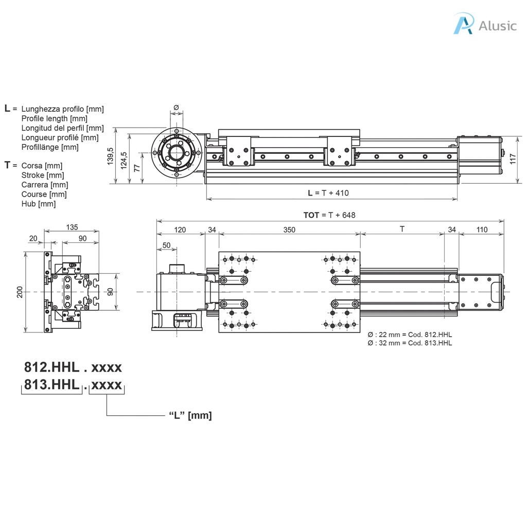Alusic self-aligning linear actuators 812.HHL/813.HHL, ball bearing guides size 20, 90x90 profile