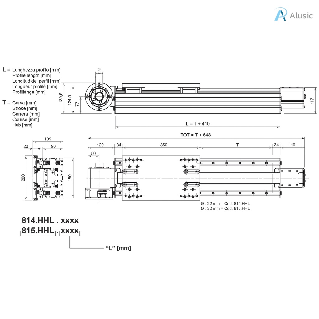 Alusic self-aligning linear actuators 814.HHL/815.HHL, ball bearing guides size 20, 90x180 profile