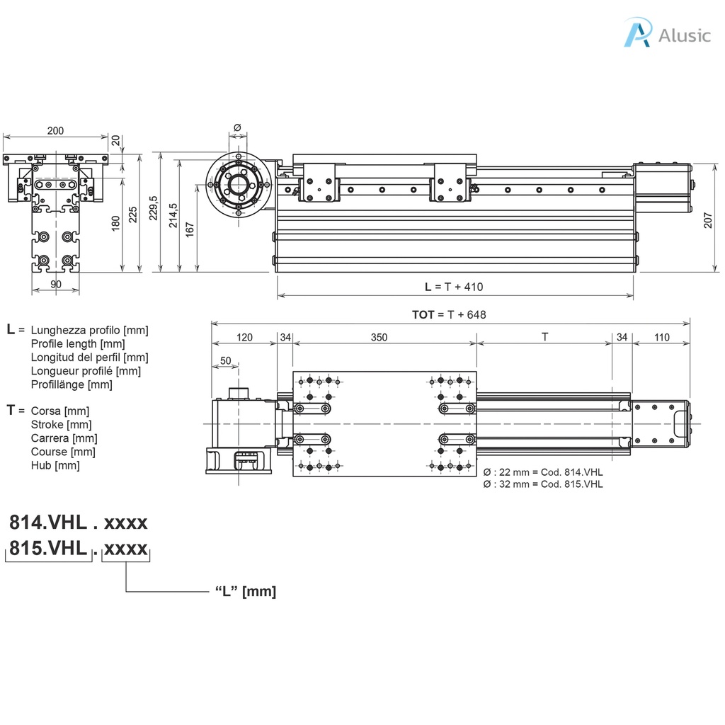 Alusic self-aligning linear actuators 814.VHL/815.VHL,  ball bearing guides size 20, 90x180 profile