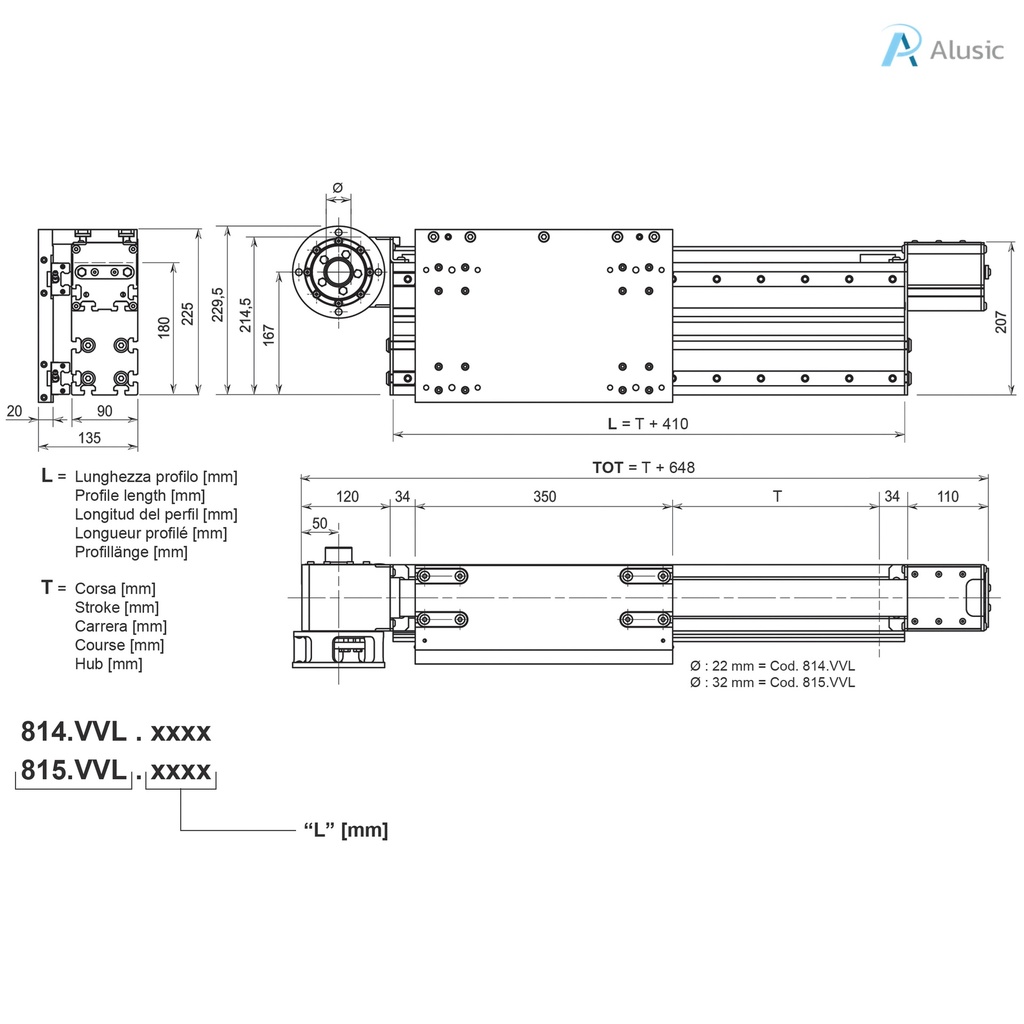 Alusic self-aligning linear actuators 814.VVL/815.VVL,  ball bearing guides size 20, 90x180 profile