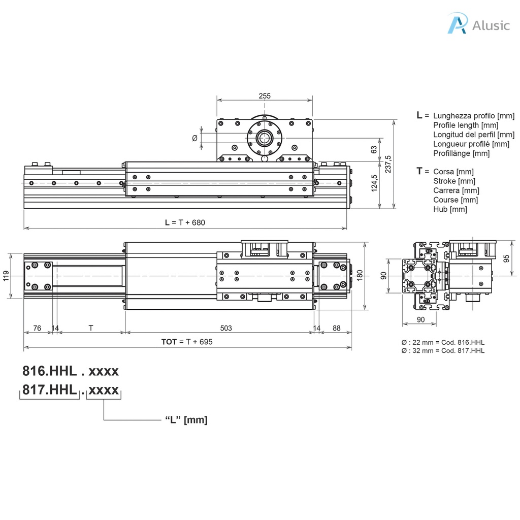 Alusic self-aligning linear actuators 816.HHL/817.HHL,  ball bearing guides size 20, 90x90 profile