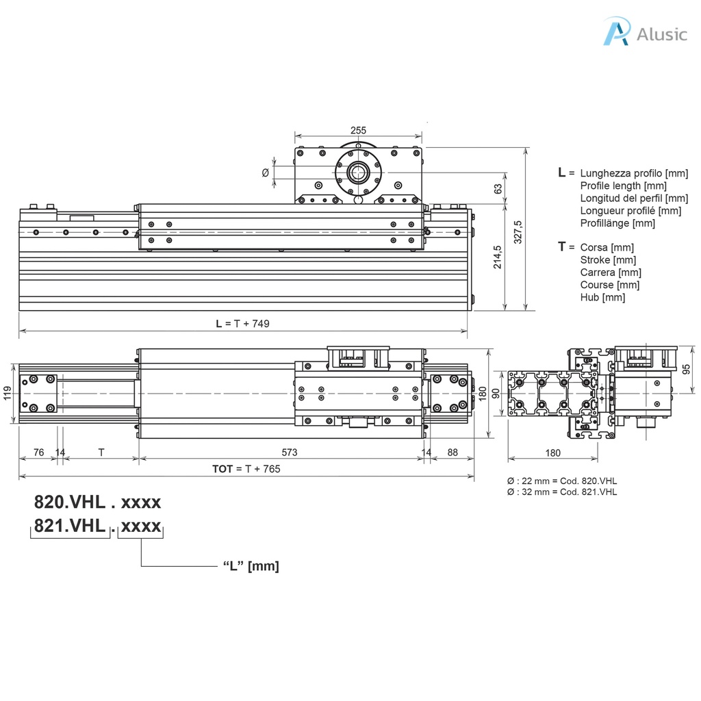 Alusic self-aligning linear actuators 820.VHL/821.VHL, ball bearing guides size 20, 90x180 profile