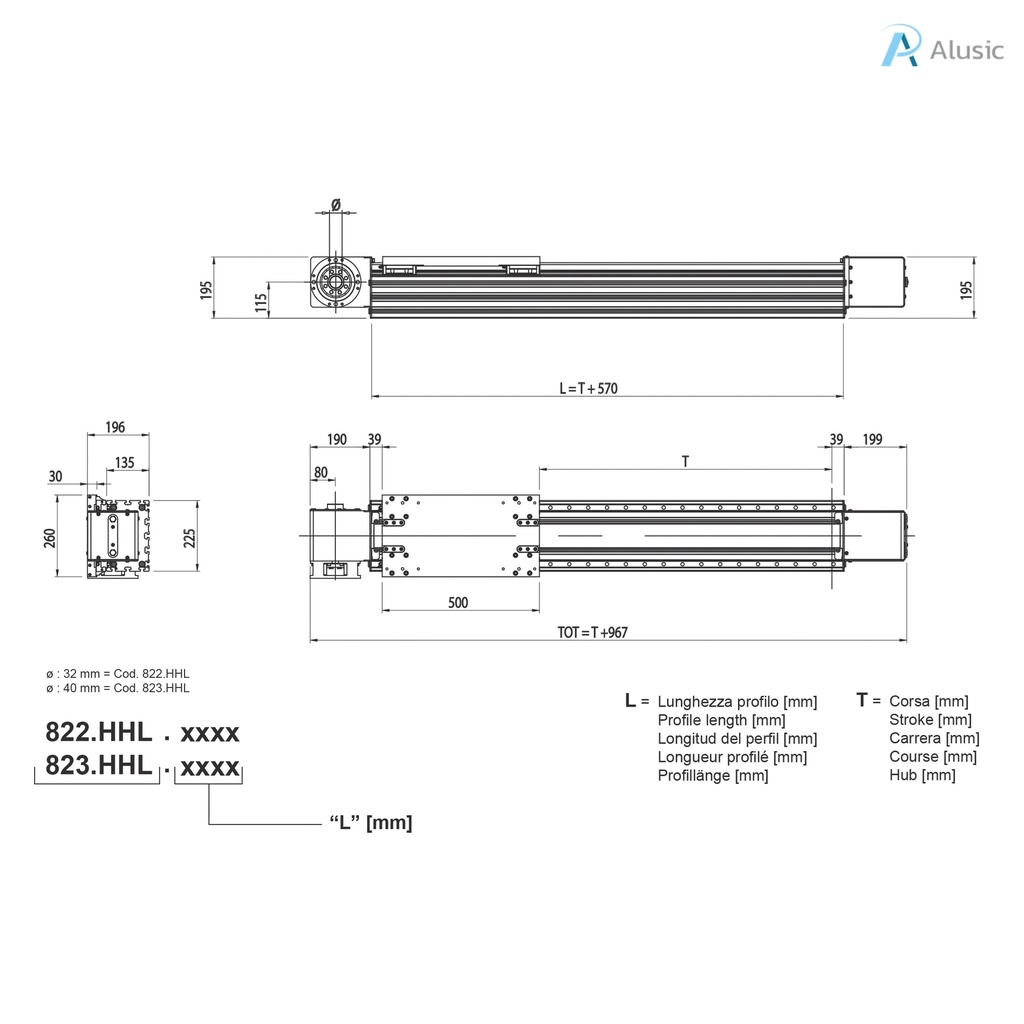 Alusic self-aligning linear actuators 822.HHL/823.HHL, ball bearing guides size 25, 135x225 profile