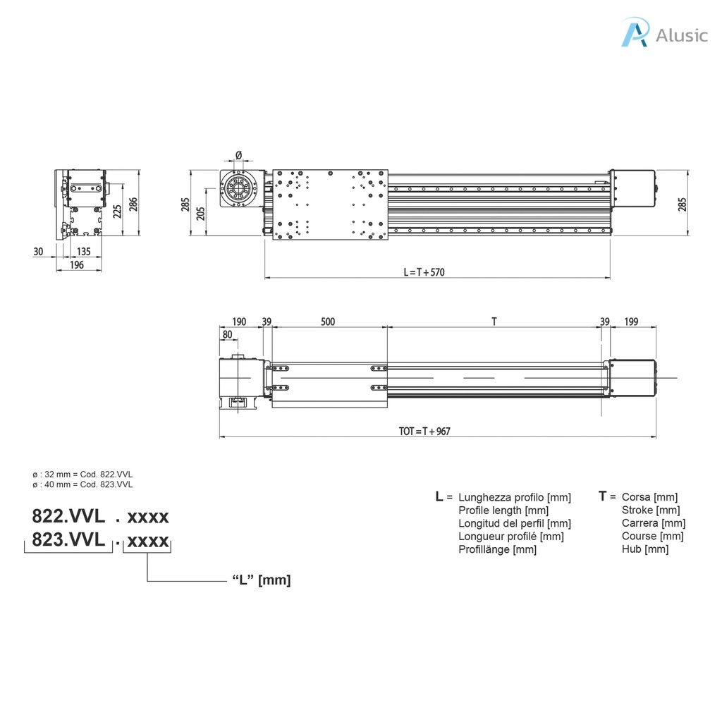 Alusic self-aligning linear actuators 822.VVL/823.VVL, ball bearing guides size 25, 135x225 profile