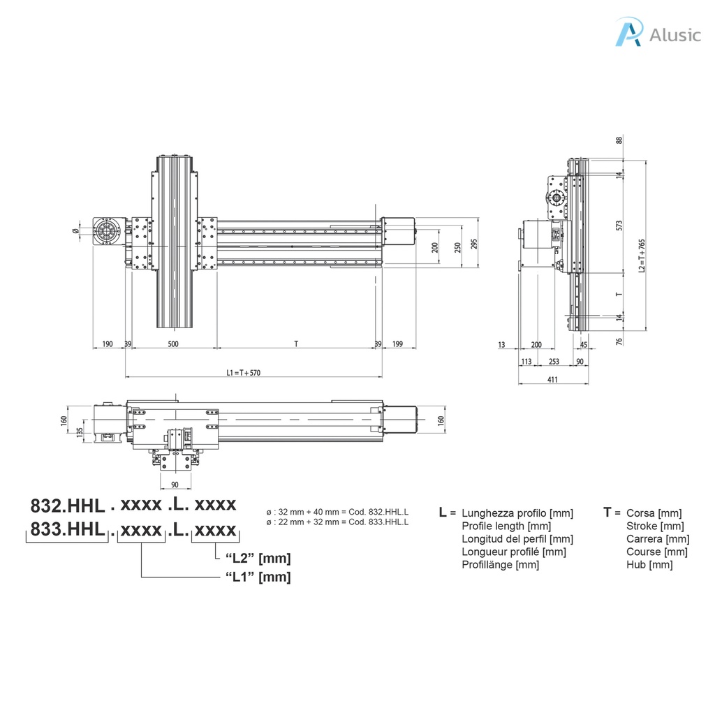 Alusic self-aligning linear actuators 832.HHL.L/833.HHL.L, ball bearing guides size 25 (x) and 20 (z), 225x225 and 90x180 profiles